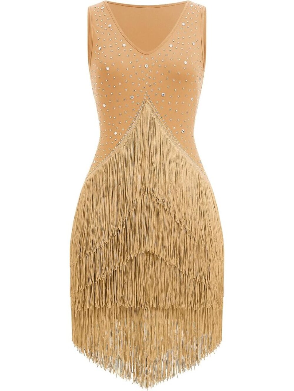 Gold Rhinestone Fringe Tiered Latin Ballroom Dance Dress Flapper Sz M-L